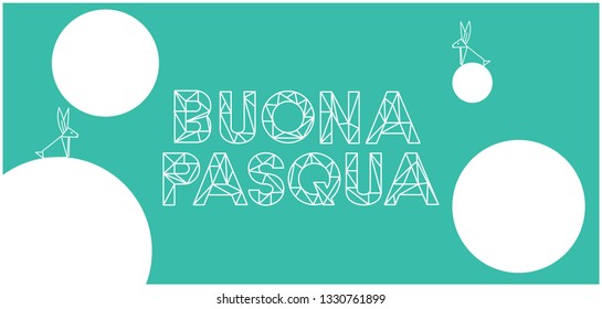Buona Pasqua -Happy Easter hand drawn lettering with bunnies, written in Italian, on turquoise background. Flat vector illustration for cards, invitations, greetings, Easter design and decoration, web