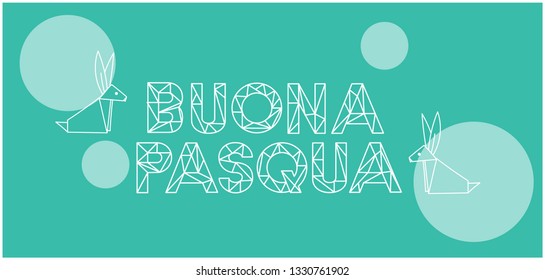 Buona Pasqua -Happy Easter hand drawn lettering with bunnies, written in Italian, on turquoise background. Flat vector illustration for Easter design and decoration, greetings, invitations, cards, web