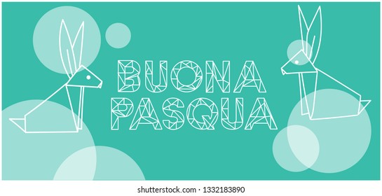 Buona Pasqua -Happy Easter hand drawn lettering with bunnies, written in Italian, on turquoise background. Flat vector illustration for Easter design and decoration, cards, greetings, invitations, web