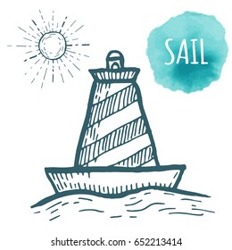 Buoy drawing on white background. Hand drawn outline naval illustration.
