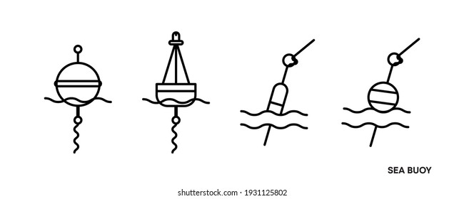 Buoy icon set in the middle of the sea. This symbol is the equipment icon symbol found in the sea. Editable icon set. Fishing club or online web shop creative vector line art.