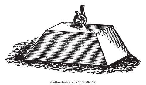 Buoy Mooring Block which are places in harbours for the convenience of vessels frequenting them, vintage line drawing or engraving illustration.