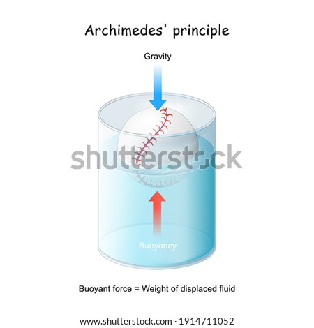 Buoyancy and Archimedes' principle. ball floating in a glass. Experiment in physics lesson. vector diagram
