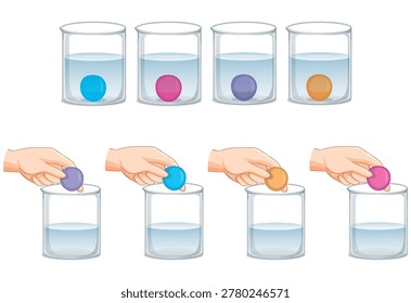 Buoyancy and density science experiment with colorful balls in glass beakers of water, Archimedes principle education vector.