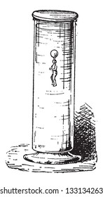 Buoyancy o Floating, mostrando un recipiente de vidrio, lleno de agua, que contiene la figura de un hombre con un dispositivo de flotación, ilustración vintage. Diccionario de Palabras y Cosas - Larive y Fleury - 1895