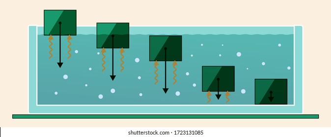 Die lebhafte Kraft ist Kraft, die das Objekt unterstützt, wenn das Objekt in flüssigem Zustand bleibt, es ist das Archimedes-Prinzip . das Bild zeigt die Beziehung zwischen Kiste und Wasser in der Differenzdichte. 