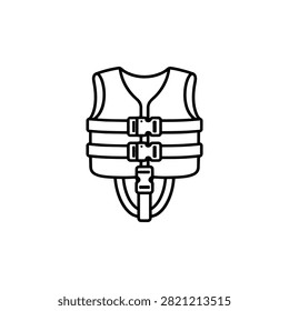 Buoyant life jacket icon with front buckles, straps and collar for water park safety, aquatic rescue, flotation support and visitor protection