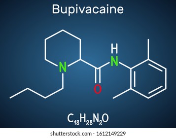 Bupivacaine molecule, is an amide-type, long-acting local anesthetic. Structural chemical formula on the dark blue background. Vector illustration