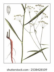 Bupleurum marginatum, hand-painted floral and botanical painting, hand-painted herbal painting, natural herbs.