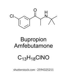 Bupropion, chemical formula and structure. Formerly called amfebutamone, an atypical antidepressant indicated in treatment of depressive disorder, seasonal affective disorder and smoking cessation.