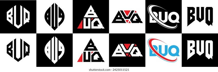 BUQ letter logo design in six style. BUQ polygon, circle, triangle, hexagon, flat and simple style with black and white color variation letter logo set in one artboard. BUQ minimalist and classic logo