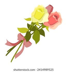 Buquet of delicate roses with a pink bow. Blooming pink and yellow garden rose flowers on a stem with green leaves. Hand drawn vector illustration white background for the design wedding invitations.