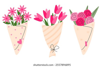 Buquet of flowers. Trendy flowers. Summer bouquet set isolated, woman flowers gift. Vector illustration bouquets of flowers. Design template. Colored trendy illustration. Flat design