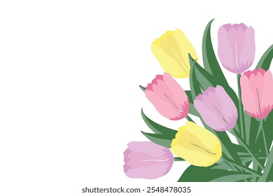 Buquet tulips. Elegant tulip bouquet with pastel colors and green leaves in a minimalist composition. Design for banners, cards, flyers, celebration, wedding, invitation, social media wallpapers.