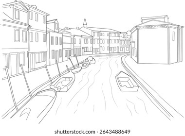 Burano Island Canal Line Art Sketch, Black and white line art drawing depicting a canal scene on the Island of Burano, near Venice, Italy. Features traditional buildings lining the waterfront and