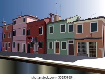 Burano, island in the Venetian lagoon. Colorful houses  in Burano, Venice, Italy. Vector illustration.