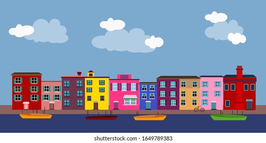 
Burano island Venice Italy with colorful houses boats and yards