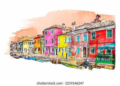 Burano veneto italy watercolor hand drawn illustration isolated on white background