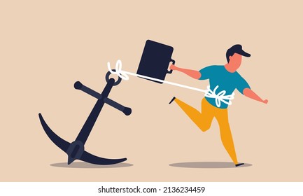 Presentador de la carga y encarcelado en la carrera. Problema de la libertad y opresión de la figura de la ilustración del vector. Hombre esclavizado y suprimir la inversión empresarial. Malestar anclado y agobiado. Peso de la deuda