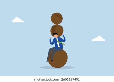 Burden, businessman thinking with heavy burden boulder rock.