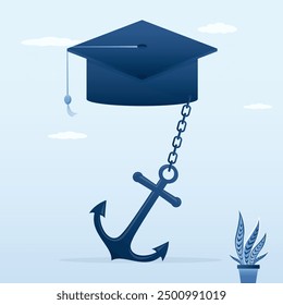 Burden of educational costs that hinders career success. Graduation cap chained to giant anchor. Student loan debt, expensive cost for education. concept flat vector illustration