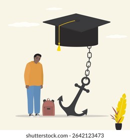 Burden of educational costs that hinders career success. Graduation cap chained to giant anchor. Student loan debt, expensive cost for education. Unhappy african american student. vector illustration