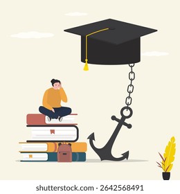 Burden of educational costs that hinders career success. Graduation cap chained to giant anchor. Student loan debt, expensive cost for education. Unhappy caucasian female student. vector illustration