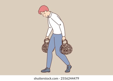 Burden of former defeats is carried by business man suffering from professional burnout. Upset office employee holding weights symbolizing pressure and professional burnout affecting and motivation