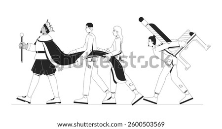 Burden of monarchy authority and class struggle line illustration concept. King walking ahead with impoverished servants exploitation outline 2D characters isolated. Ink linear drawing vector art