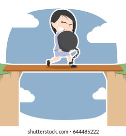 burdened asian businesswoman walking on plank between cliff