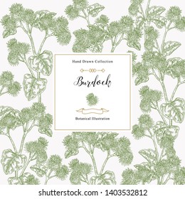 Burdock flowers and leaves hand drawn. Vintage background. Medicinal plant. Vector illustration.