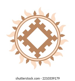 Burdock of happiness, a Slavic symbol decorated with an ornament in a wreath of Scandinavian weaving. Beige trendy, design with runes and sun