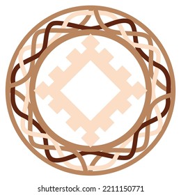 Burdock of happiness, a Slavic symbol decorated with an ornament in a wreath of Scandinavian weaving. Beige trendy, design with runes and sun