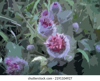 Burdock in night light for textiles or fabrics. A prickly plant against the background of dark green grass in the park for interior solutions, wallpaper, prints, etc.