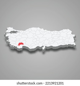 Burdur region location within Turkey 3d isometric map
