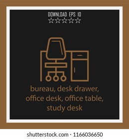 bureau, desk drawer, office desk, office table, study desk vector icon