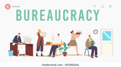 Bureaucracy, Busy Office People, Employees Deadline Rush. Landing Page Template. Characters Carry Pile of Documentation, Work with Huge Heap of Paper Documents Folders. Cartoon Vector Illustration