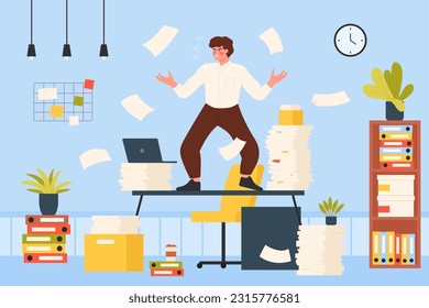 Bureaucracy, chaos of paperwork organization vector illustration. Cartoon angry and annoyed male employee in emotional stress and despair standing at messy workplace, throwing up paper documents