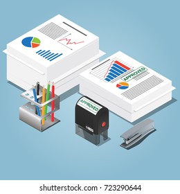 Bureaucracy concept. Isometric stacks of papper. Office equipment.