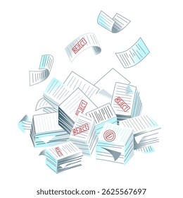 Bureaucracy concept. Paper documents, paperwork background. Administrative overload. Large pile of paperwork with stamps like accept, reject, approve, consider. Flat vector illustration.