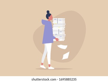 Bureaucracy concept, young female character carrying a big heap of paper documents, overwhelmed at work