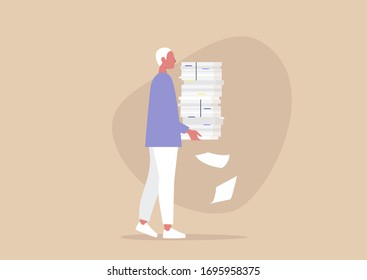 Bureaucracy concept, young male character carrying a big heap of paper documents, overwhelmed at work