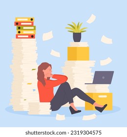 Bureaucracy, employees stress from paperwork overload in office vector illustration. Cartoon frustrated tired woman sitting near big piles of paper documents, stack of unorganized messy folders