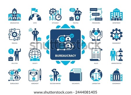 Bureaucracy icon set. Organization, Procedures, Department, Jurisdiction, Government, Administration, Society, Management. Duotone color solid icons