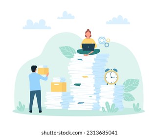 Bureaucracy and office overwork vector illustration. Cartoon tiny people work with messy stack of unorganized paper documents, employee holding archive box with paperwork and sorting for storage