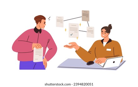 Bureaucracy, paperwork concept. Submitting documents to authority. Official worker consulting, explaining how to apply, give application. Flat graphic vector illustration isolated on white background