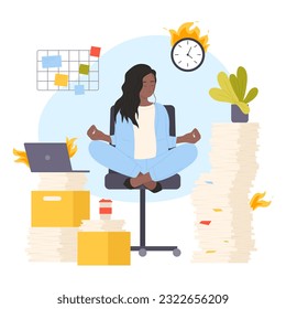 La burocracia, el problema de la fecha límite y la ilustración vectorial de la organización de documentos de oficina. Caricatura de una mujer sentada en un loto de yoga posan en medio del reloj en el fuego, carpetas y montones de documentos de papel para clasificar