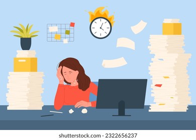 Bureaucracy, problem of employees overwork vector illustration. Cartoon scene of office workplace with frustrated tired businesswoman working hard, sitting at desk with paper documents and folders