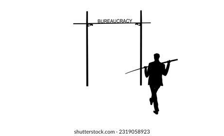 bureaucracy silhouette, a man in a suit wants to jump over the barrier of bureaucracy with a pole