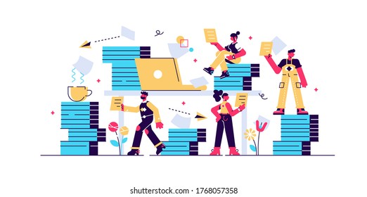 Bureaucracy vector illustration. Flat tiny paperwork pile persons concept. Government employee job with documentation files. Inefficient stressful corporate administration system with printed archive.